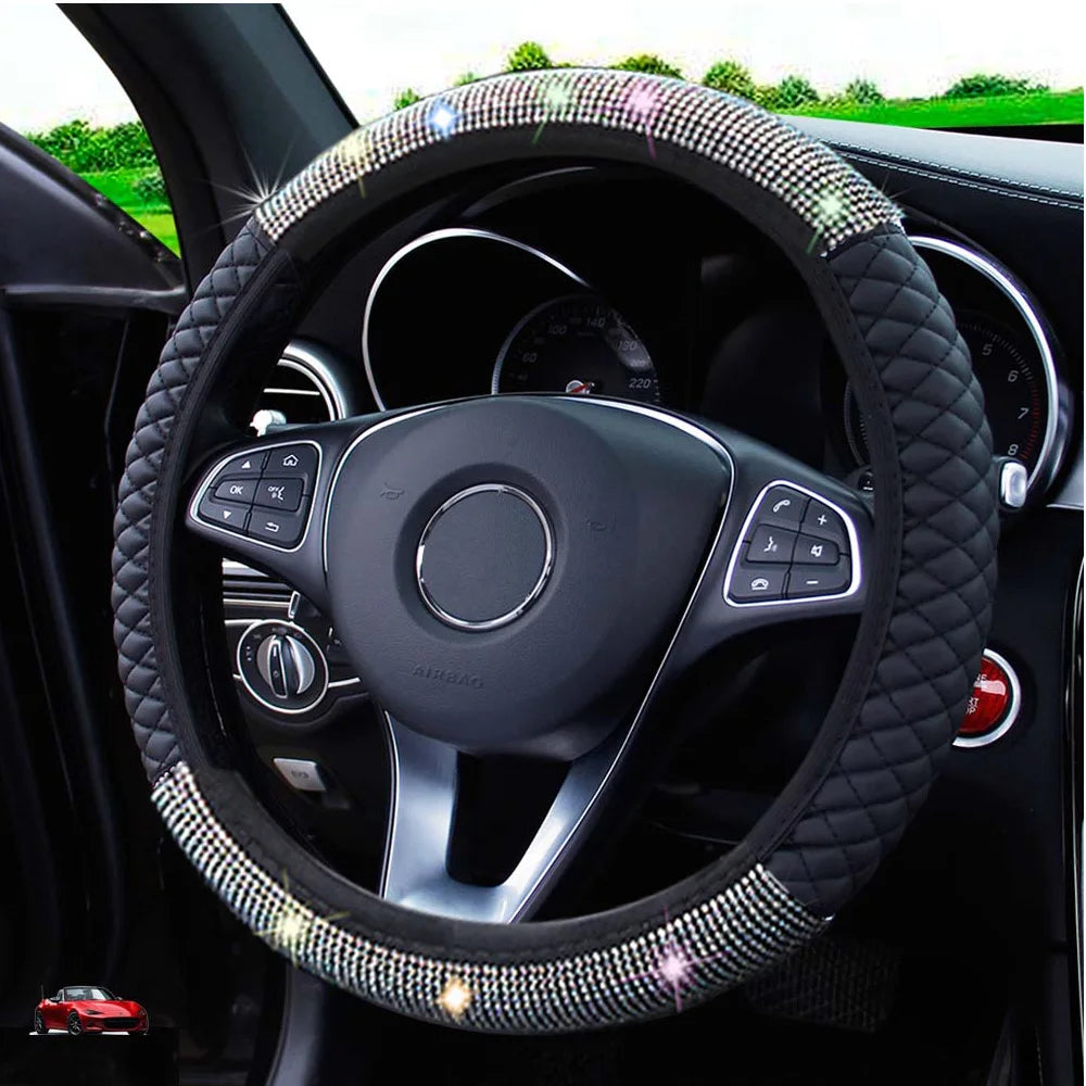New PU Leather Car Steering Wheel Cover | Diamond Black Design for Dodge, Ladies & Girls - Stylish Auto Accessory