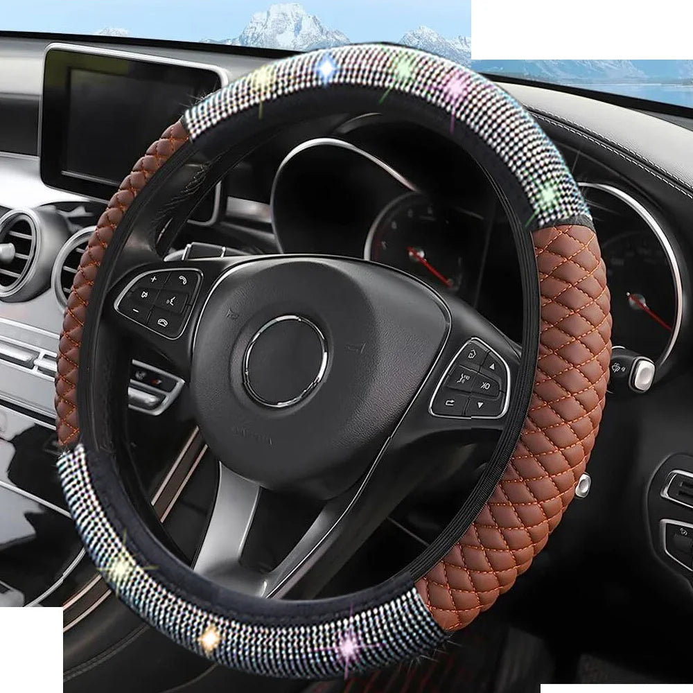 New PU Leather Car Steering Wheel Cover | Diamond Black Design for Dodge, Ladies & Girls - Stylish Auto Accessory