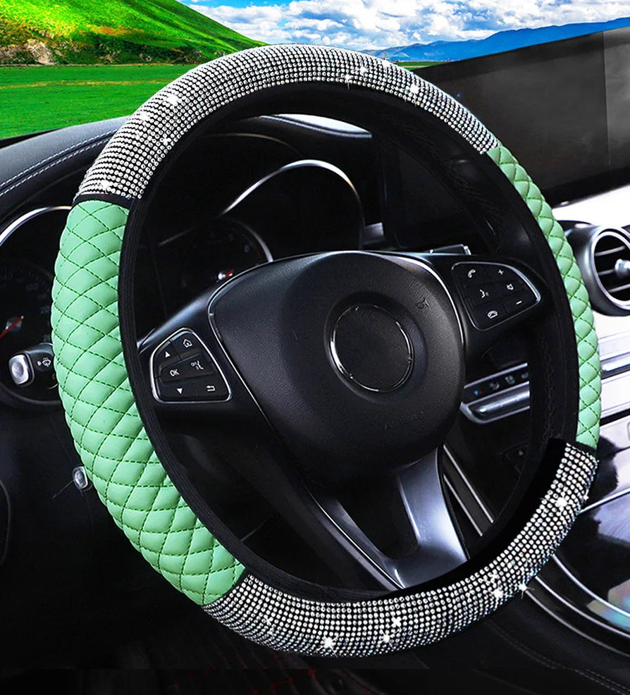 New PU Leather Car Steering Wheel Cover | Diamond Black Design for Dodge, Ladies & Girls - Stylish Auto Accessory