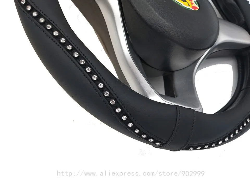 New PU Leather Car Steering Wheel Cover | Diamond Black Design for Dodge, Ladies & Girls - Stylish Auto Accessory