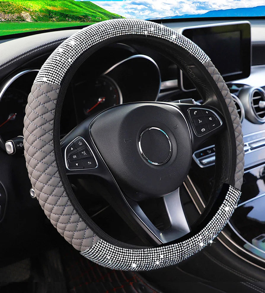 New PU Leather Car Steering Wheel Cover | Diamond Black Design for Dodge, Ladies & Girls - Stylish Auto Accessory