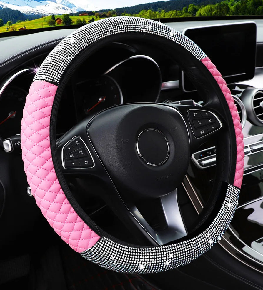 New PU Leather Car Steering Wheel Cover | Diamond Black Design for Dodge, Ladies & Girls - Stylish Auto Accessory