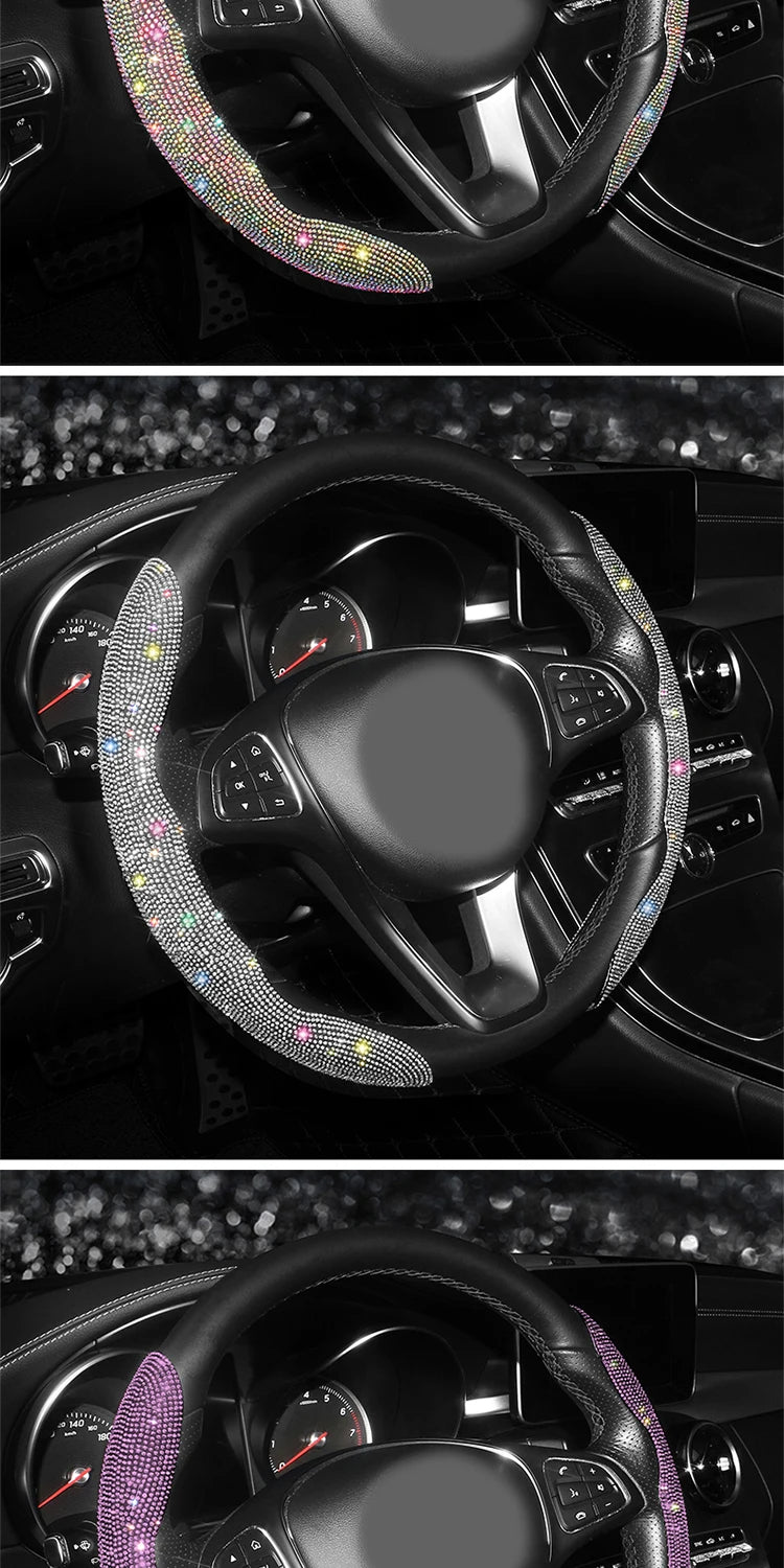 Diamond Car Steering Wheel Cover Set | Breathable, Anti-Slip Bling Protector for Girls & Women - Universal Fit, Gift For Mother's Day 2025 - Delicate Leather