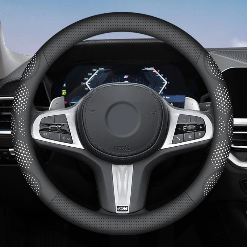 Car Steering Wheel Cover, Universal 38cm O/D Shape Leather Steering Wheel Cover – Car Interior Anti-Slip Accessory - Delicate Leather
