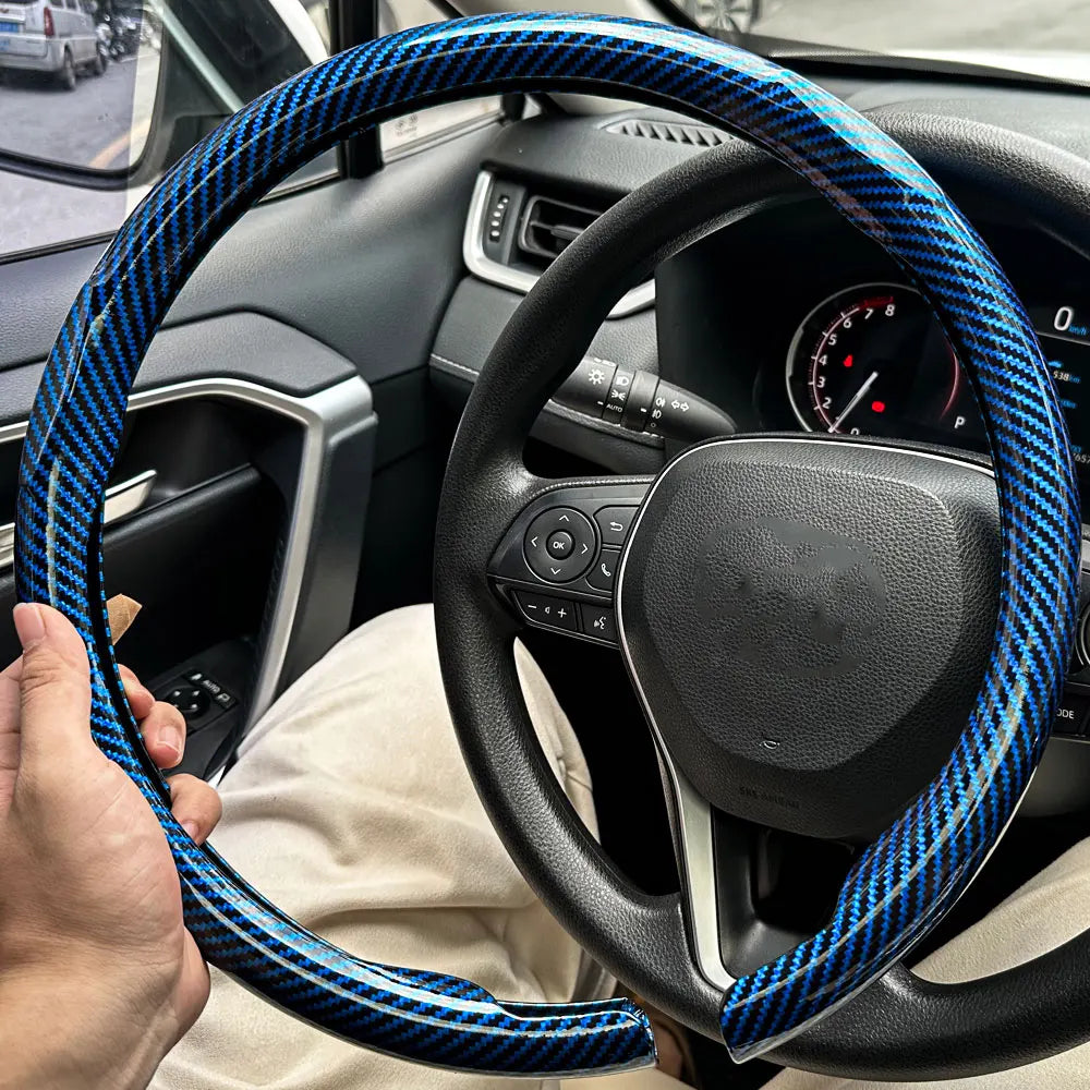 Carbon Fiber Style Steering Wheel Cover – Breathable Non-Slip Round Universal Fit - Delicate Leather