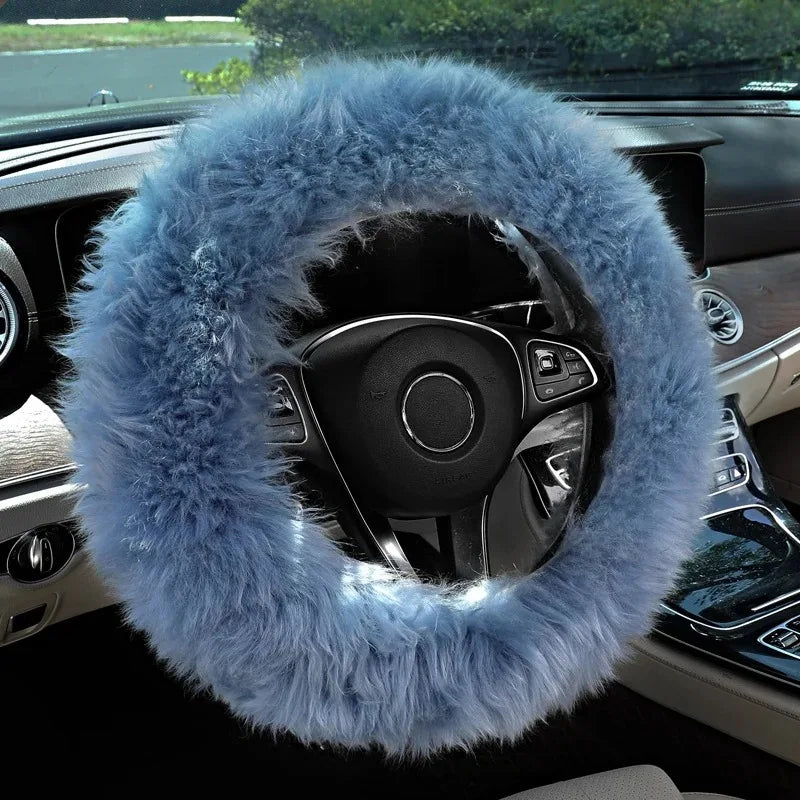 Winter Long Plush Wool Steering Wheel Cover – Soft Thick Warm Grip with Non-Slip Inner Ring, Universal O / D / Dual-D - Delicate Leather
