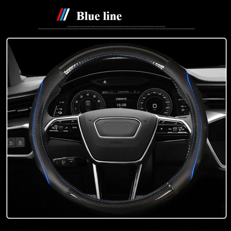 Carbon Fiber & Nappa Leather Steering Wheel Cover – Universal 37–38cm, Non-Slip Silicone Grip, 3D Textured Design, Breathable & Durable - Delicate Leather