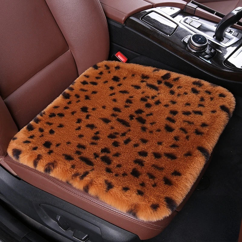 Leopard Fluffy Seat Cushion Cover – Soft Plush Car Seat Protector, Universal Fit Interior Decor for Women - Delicate Leather
