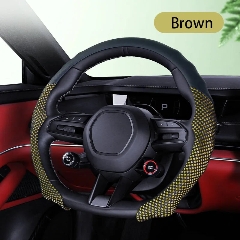 5D Sports Mesh Steering Wheel Cover – Ultra-Thin Breathable Non-Slip Grip, Universal Fit Interior Accessory - Delicate Leather