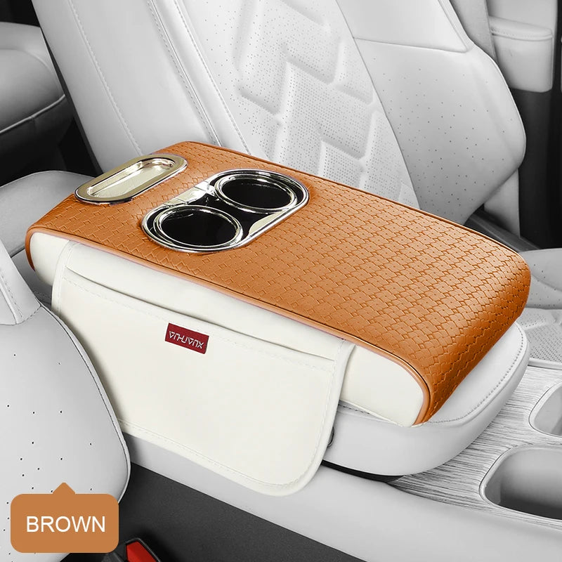 Weaving Leather Car Armrest Organizer – Center Console Cover with Cup Holders - Delicate Leather