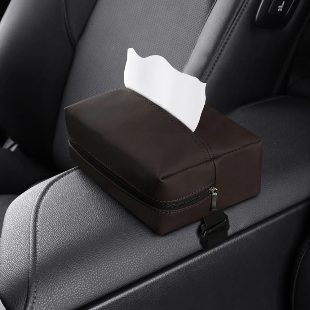 Car Tissue Holder – PU Leather Sun Visor Tissue Box for Center Armrest and Seat Back, Universal Fit - Delicate Leather