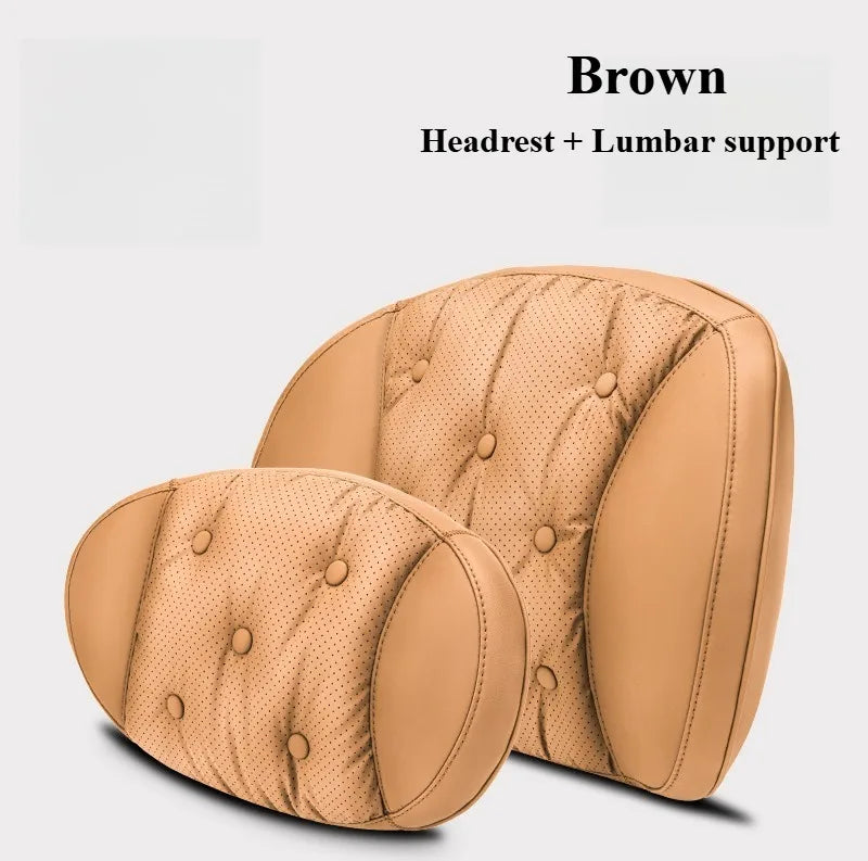 Universal Car Headrest & Lumbar Support Cushion – Nappa Leather Neck and Lumbar Pillows for Comfort - Delicate Leather