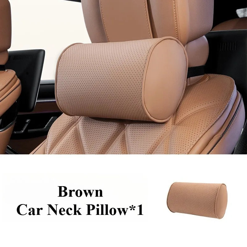 Memory Cotton Car Headrest & Lumbar Pillow Set – Leather Neck and Waist Support for Comfortable Driving - Delicate Leather