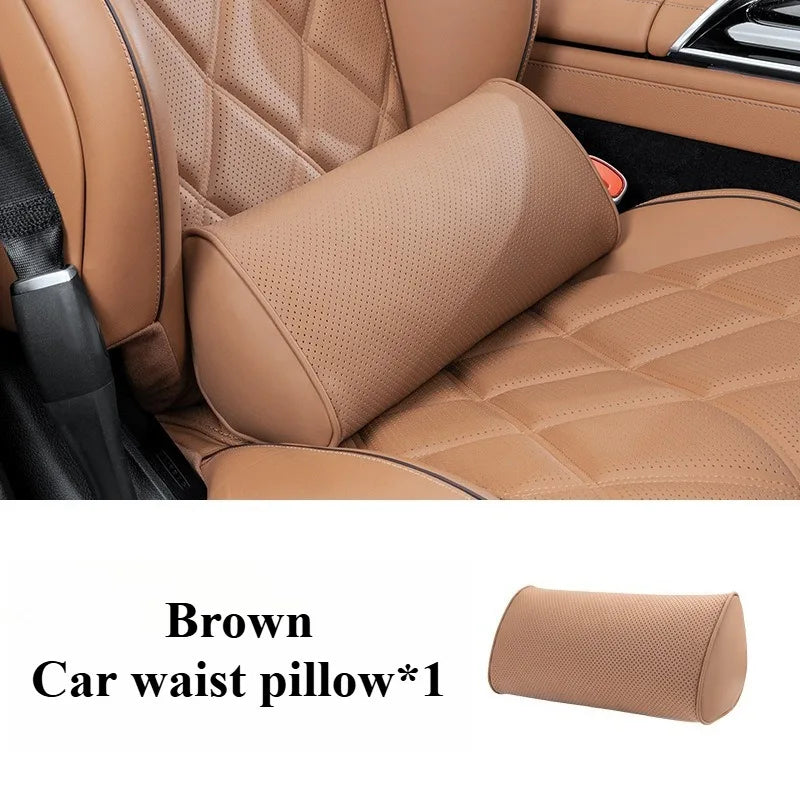 Memory Cotton Car Headrest & Lumbar Pillow Set – Leather Neck and Waist Support for Comfortable Driving - Delicate Leather