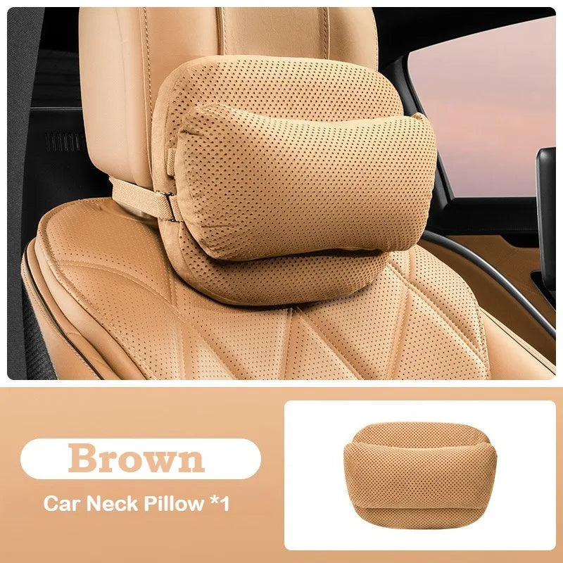 Suede Car Headrest Pillow & Lumbar Cushion – Luxury Nappa Leather Neck & Waist Pillow, Memory Foam Seat Accessories, Universal All Seasons - Delicate Leather
