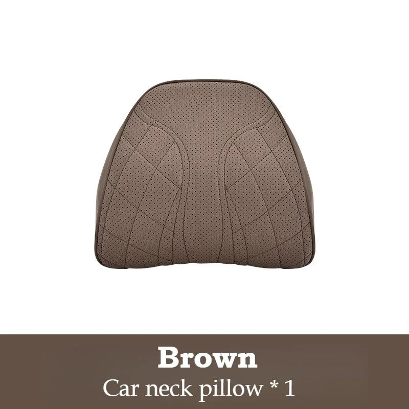 Memory Foam Car Neck & Lumbar Pillow Set – Nappa Leather Headrest and Waist Support - Delicate Leather