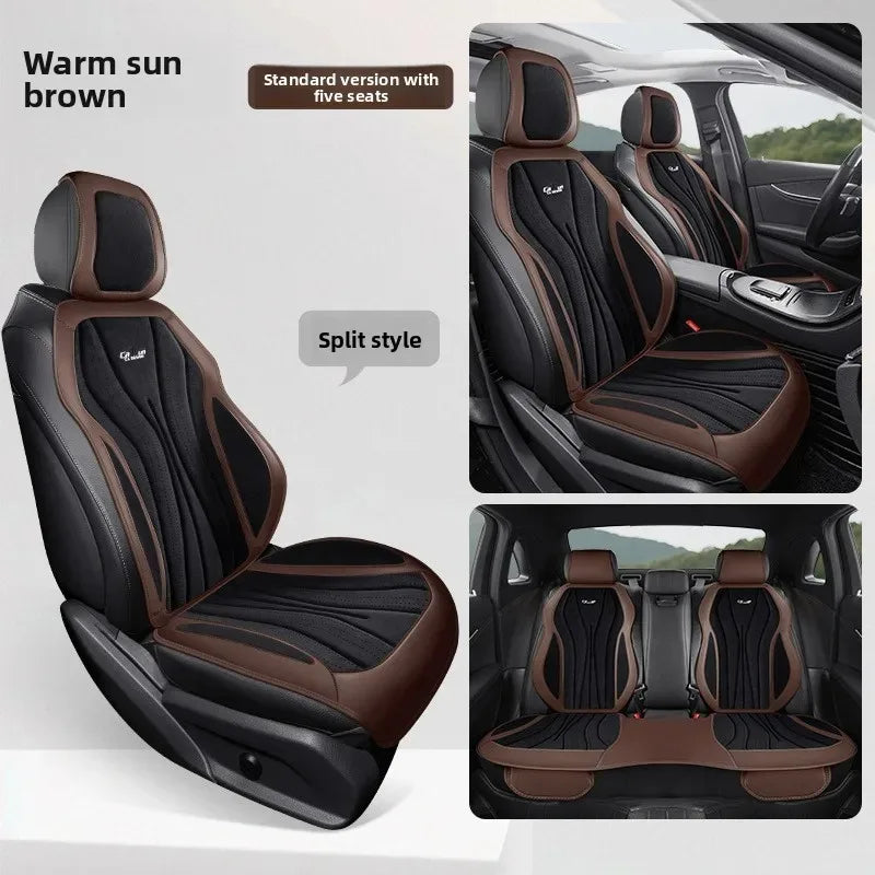 Luxury Suede Leather Car Seat Cover – Full Set Non-Slip Seat Cushion, Universal Car Interior Protection - Delicate Leather