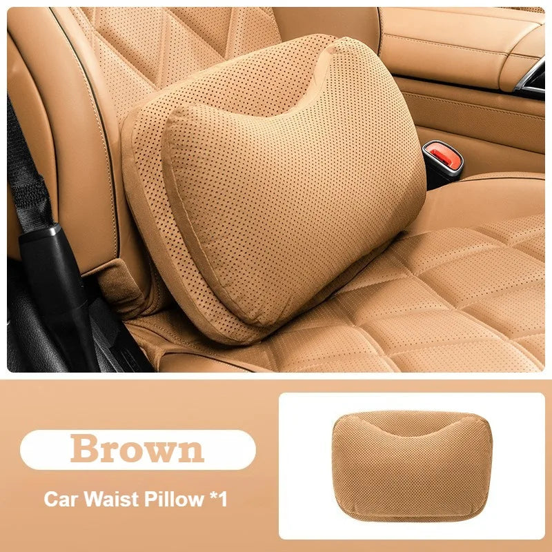 Suede Car Headrest Pillow & Lumbar Cushion – Luxury Nappa Leather Neck & Waist Pillow, Memory Foam Seat Accessories, Universal All Seasons - Delicate Leather