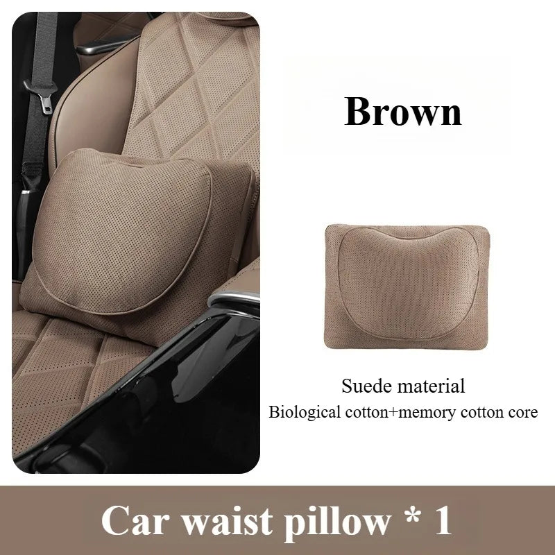Suede Car Neck and Lumbar Support Set – Universal Ergonomic Headrest & Waist Pillow for Auto Seats - Delicate Leather