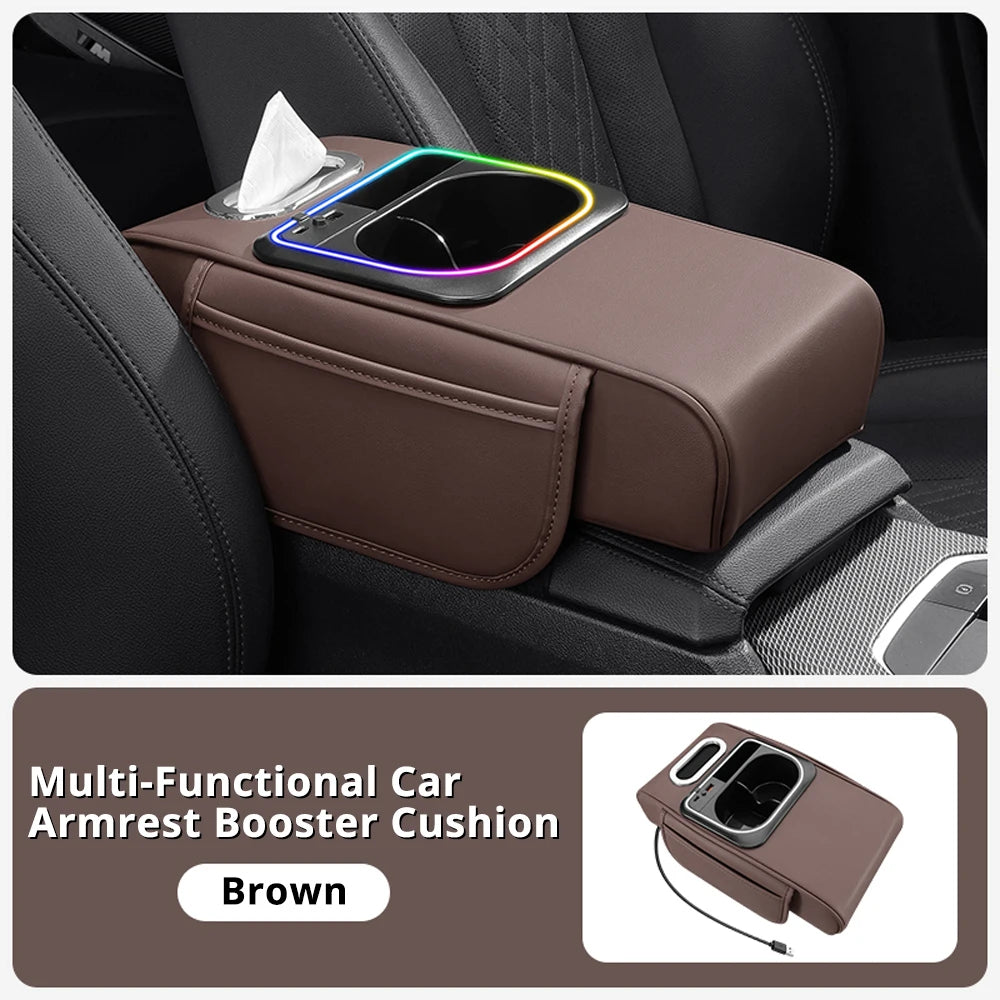 Multi-Functional Car Armrest Cushion with Storage Organizer, Cup Holder, Tissue Slot & Phone Holder - Delicate Leather