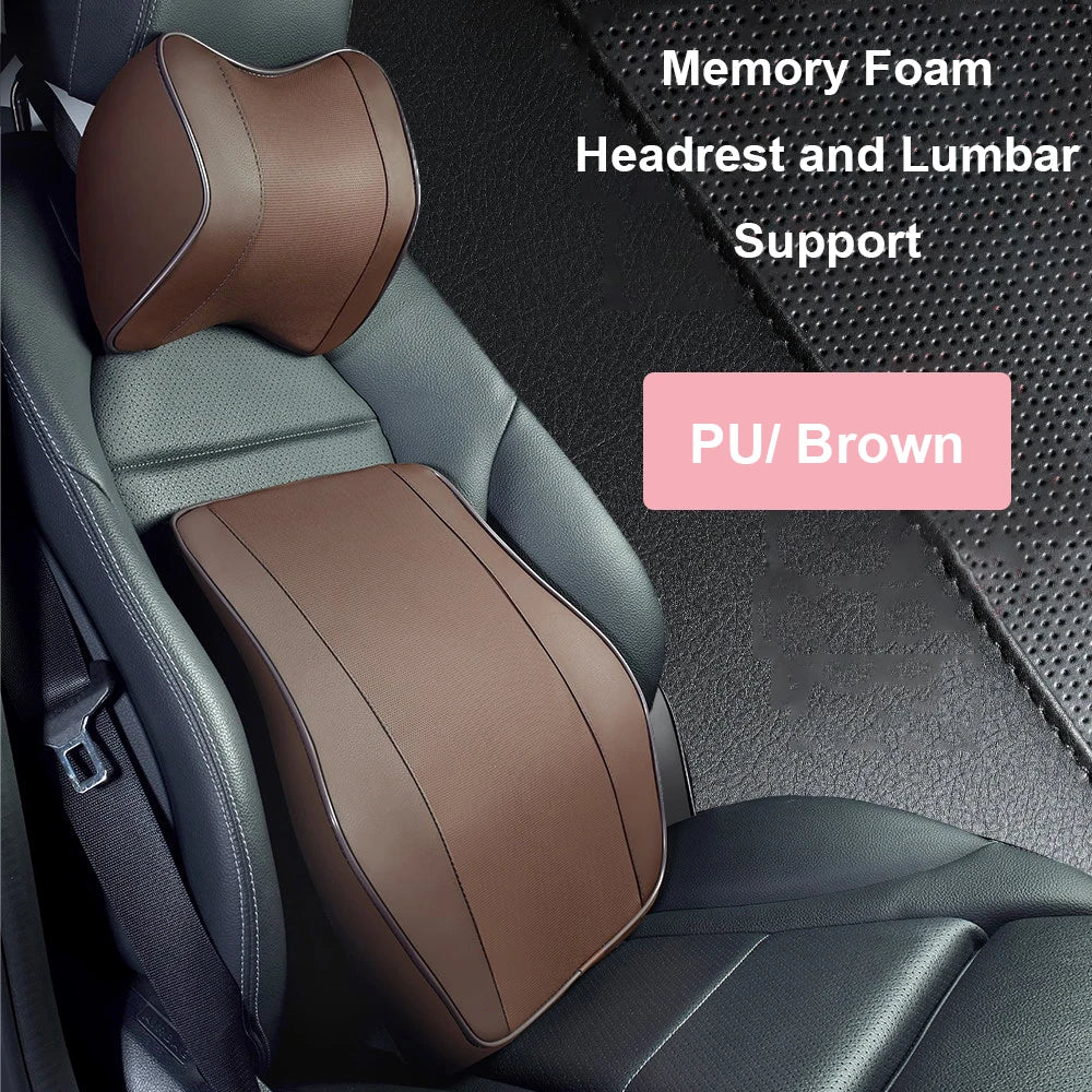 Universal Breathable Memory Foam Car Headrest Pillow – Neck Support Cushion & Lumbar Guard for Comfortable Driving - Delicate Leather