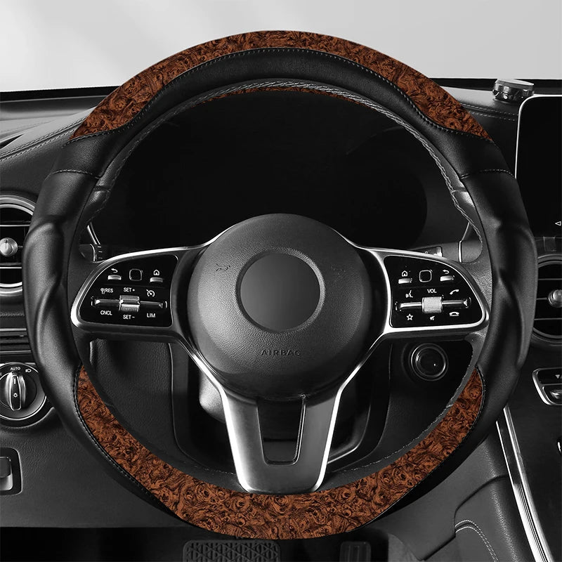 Wood Grain Leather Steering Wheel Cover – Anti-Slip, Universal Fit 14.5–15 Inch, Comfortable All-Season Grip - Delicate Leather