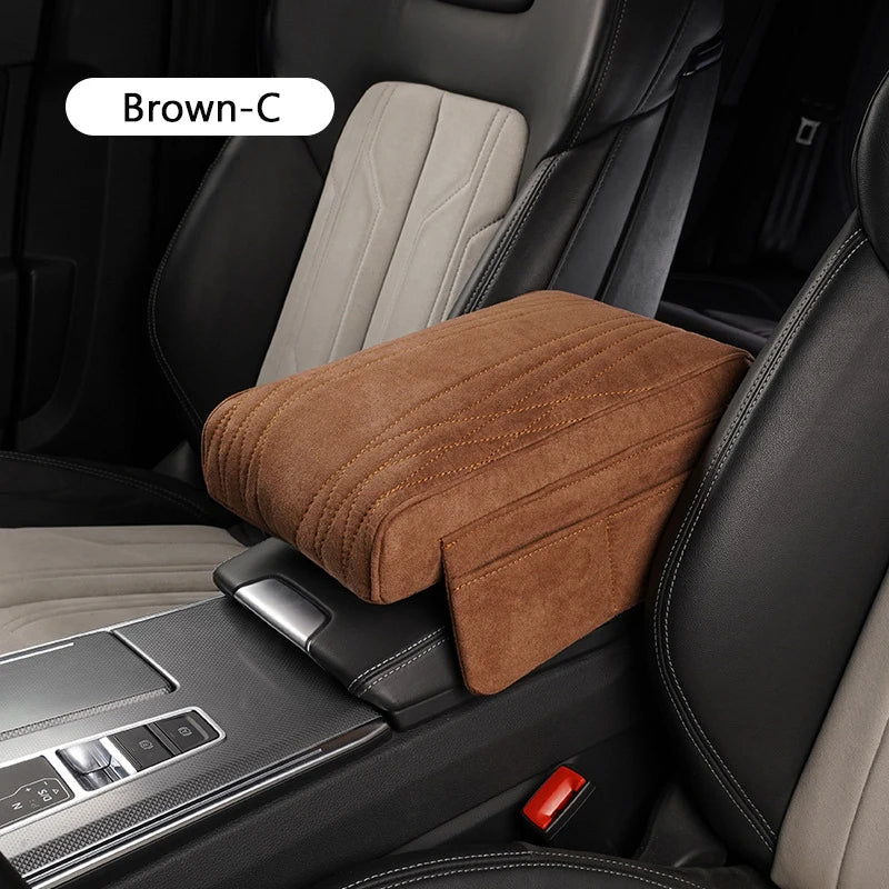 Suede Car Armrest Cushion with Cup Holder – Memory Foam Center Console Pad, Universal Fit, Enhanced Elbow Support - Delicate Leather