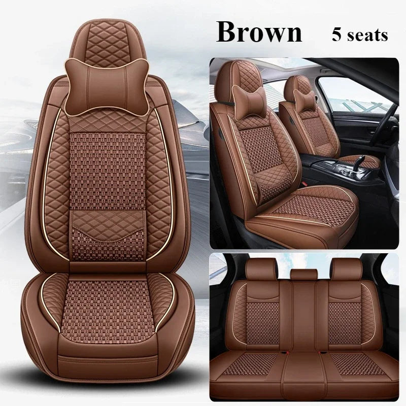 Premium PU Leather & Ice Silk Car Seat Covers with Lumbar Support – Breathable, Wear-Resistant Full Wrap Set (Includes Headrest) - Delicate Leather