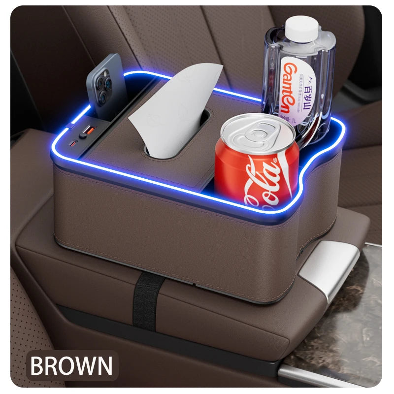 Car Armrest Storage Box with LED Ambient Light & Type-C USB Charger – Universal Center Console Organizer - Delicate Leather