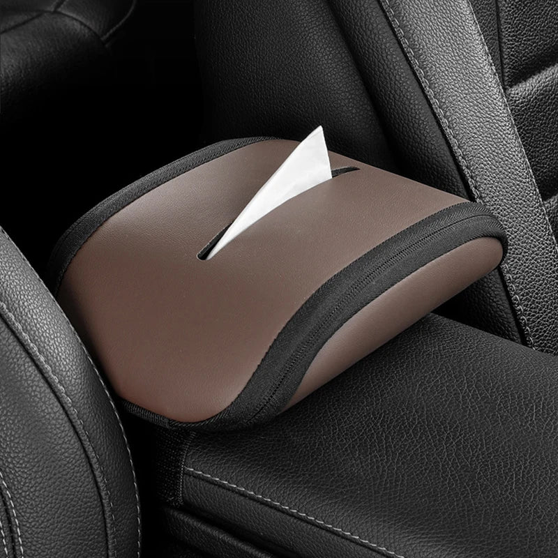Leather Car Tissue Bag Holder – Universal Armrest & Seat Back Mounted Paper Box Organizer - Delicate Leather
