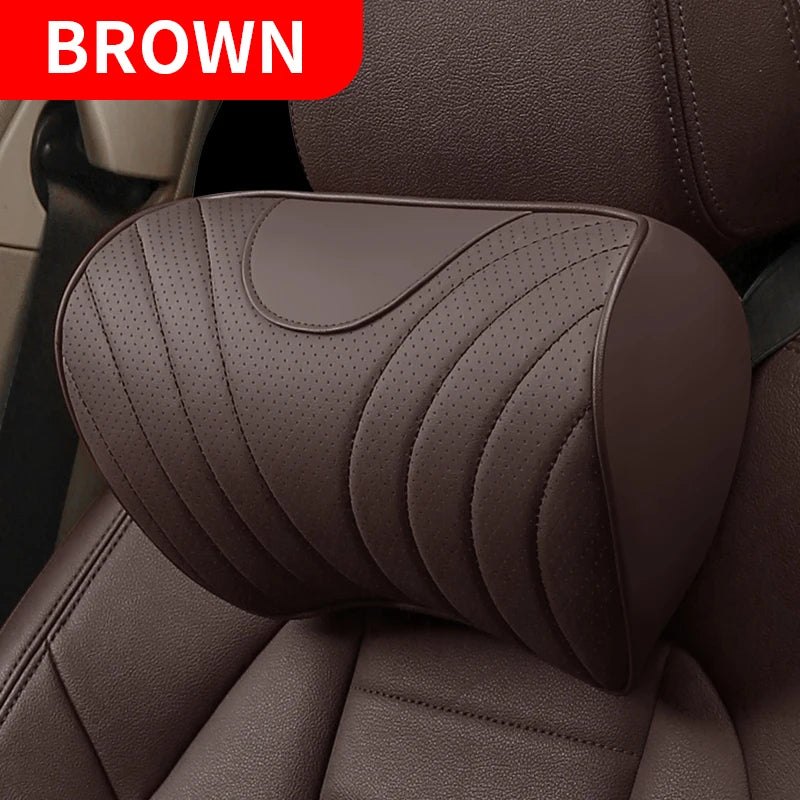 Universal Genuine Leather Neck Pillow & Lumbar Support – Anti-Slip Car Headrest Cushion for All-Season Comfort - Delicate Leather