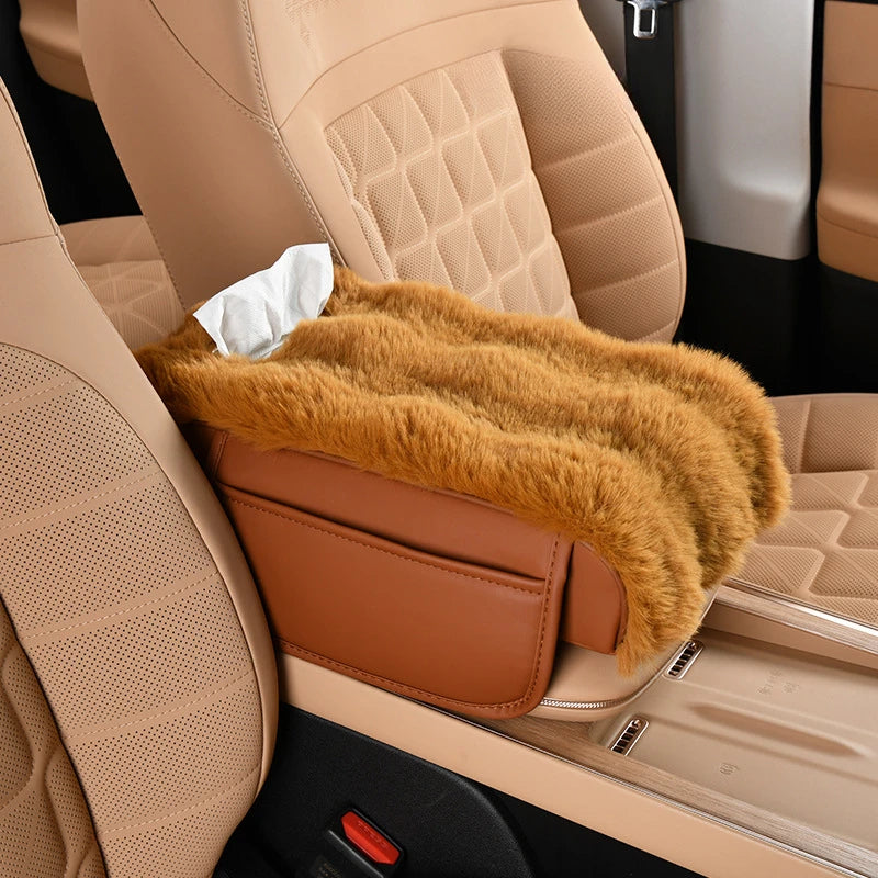 Plush Car Armrest Cushion with Tissue Box – Winter Fluffy Center Console Cover - Delicate Leather