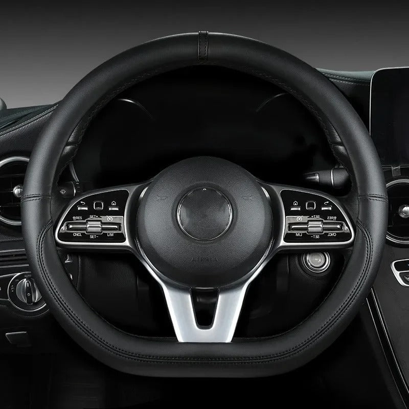 Full Leather Universal Steering Wheel Cover D-Shape Anti-Slip Car Accessory 37–38cm - Delicate Leather