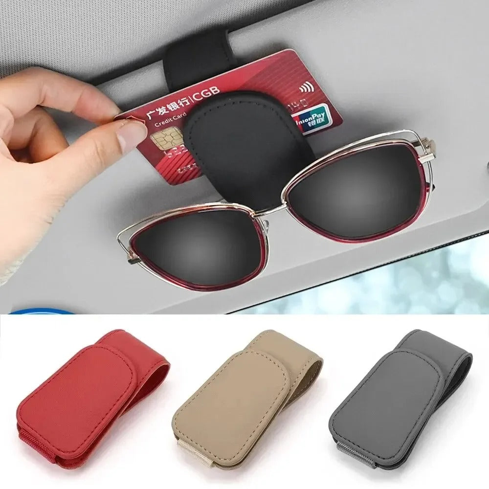 Glasses Holder Clip for Car Auto Sun Visor - Universal Eyeglass Hanger Clip - PU Leather Magnetic Multi-Function Storage
