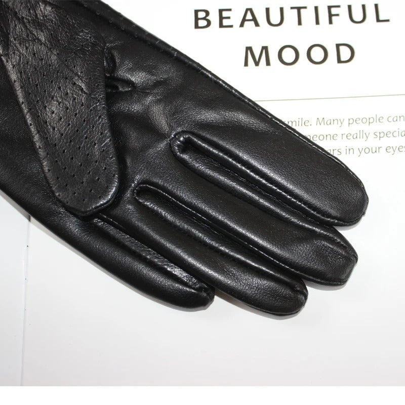 Thin Women's Sheepskin Gloves with Touch Screen and Mesh Design - Delicate Leather
