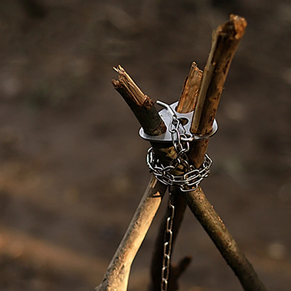 Cooking Pot Pan Tripod Mount - Stainless Steel Camping Tripod Hanging Pot Bracket with Leather Storage Bag for Hiking Bushcraft - Delicate Leather