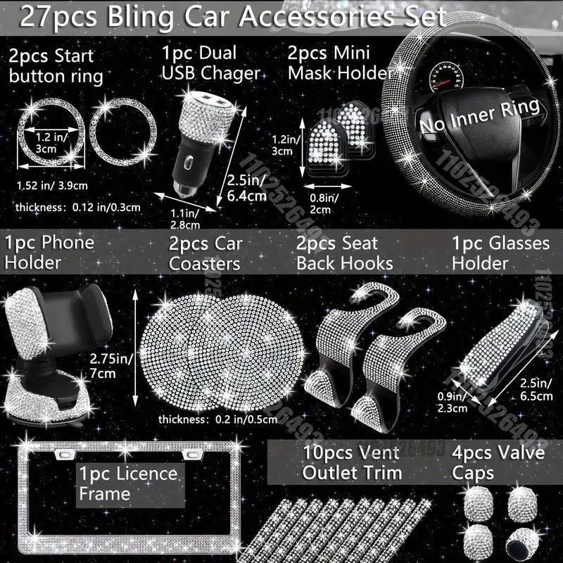 27-Piece Women’s Bling Car Accessories Set – Universal Fit with Steering Wheel Cover, License Plate Frame, Gift For Mother's Day 2025