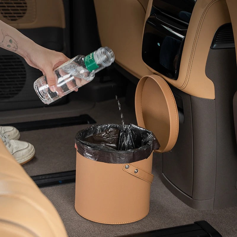 Car Trash Can - Leather Storage Bucket for Car Accessories - Delicate Leather