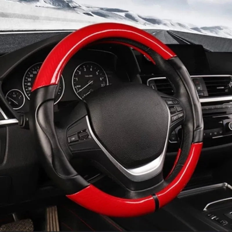 Carbon Fiber Steering Wheel Cover – Anti-Slip Universal 38cm O & D Shape Fit - Delicate Leather