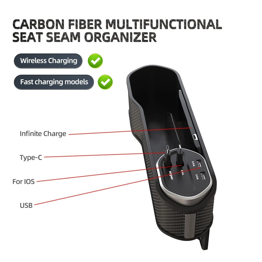 Car Seat Gap Filler Organizer with Cup Holder and Wireless Charging - Delicate Leather