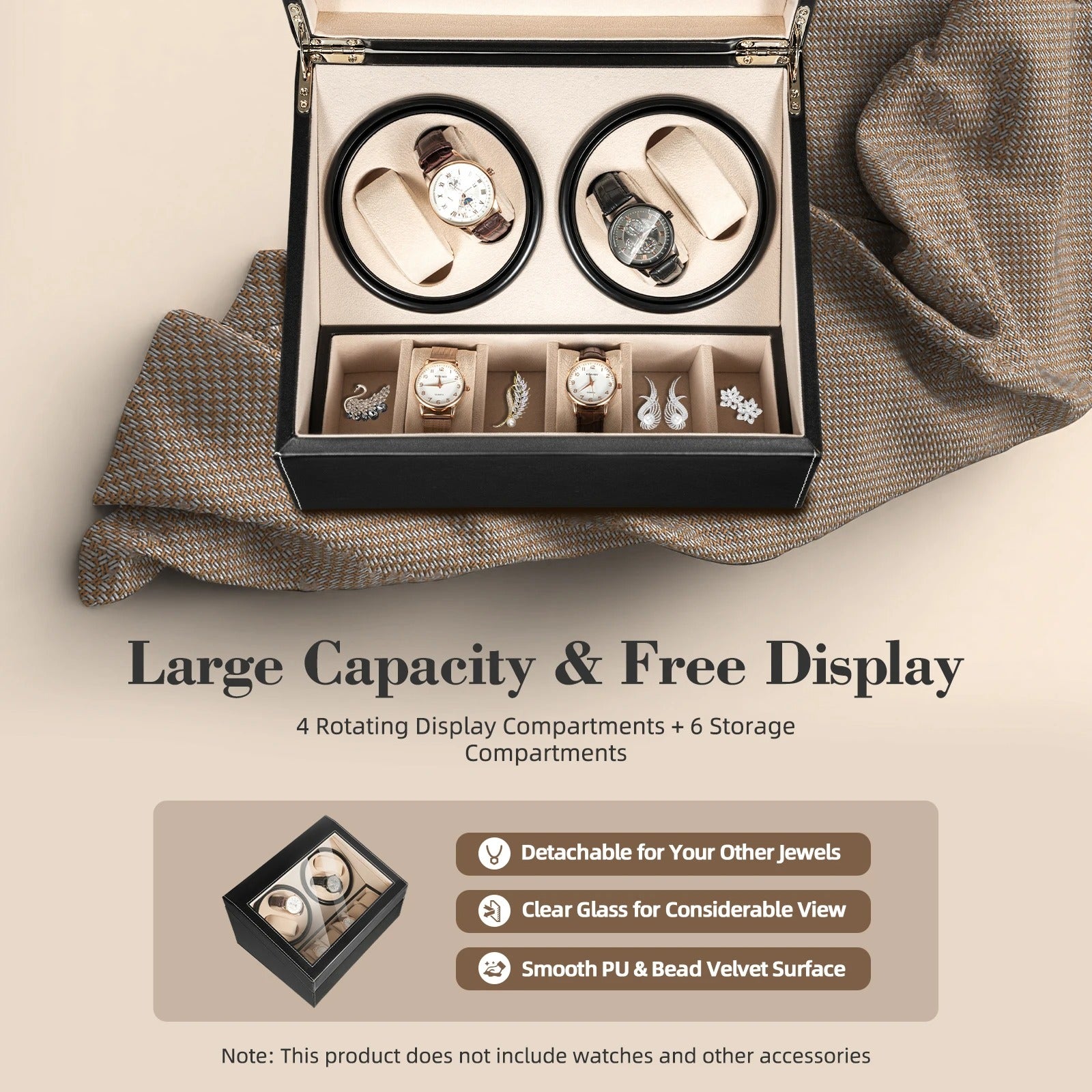 4+6 Automatic Rotation Leather Wood Watch Winder Storage Display Case with Pillow, Luxury Box - Delicate Leather