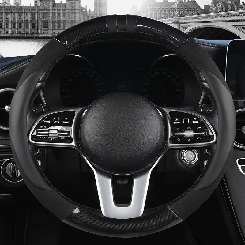 Color-Block Steering Wheel Cover – PU Leather & Suede with Carbon Fiber Style, Universal 14.5–15 Inch Fit