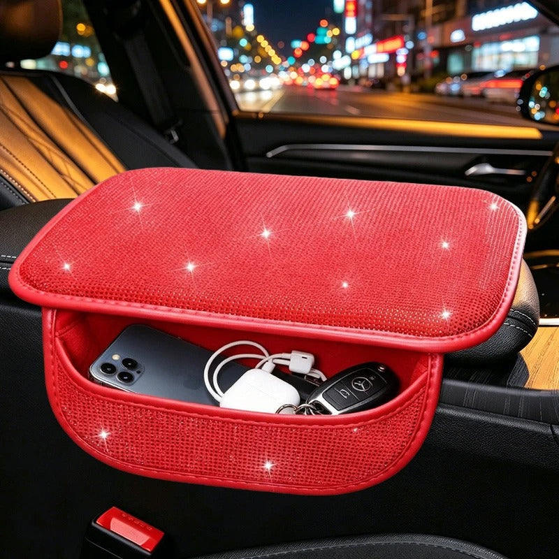 Bling Car Armrest Cushion with Side Phone Pocket – Rhinestone Center Console Cover Pad Universal Auto Interior Accessory - Delicate Leather