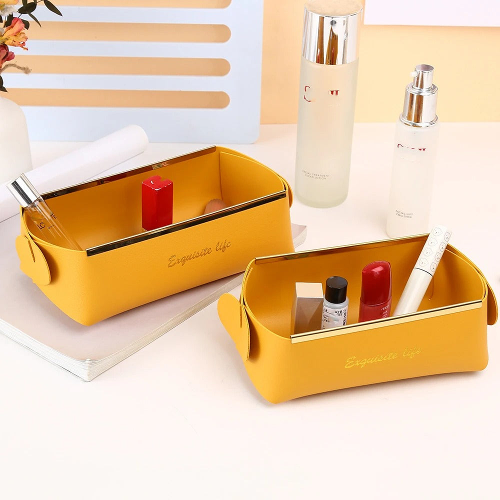 Nordic Leather Desktop Storage Box, PU Foldable Grocery Basket, Household Dice Tray Organizer, Cosmetic Coins Decorative Plate - Delicate Leather