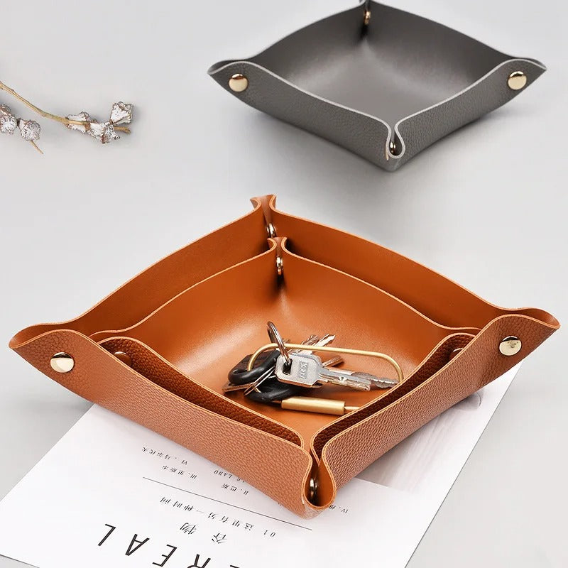 Desktop PU Leather Organizer Key Tray - Multi Folding Storage Box - Delicate Leather