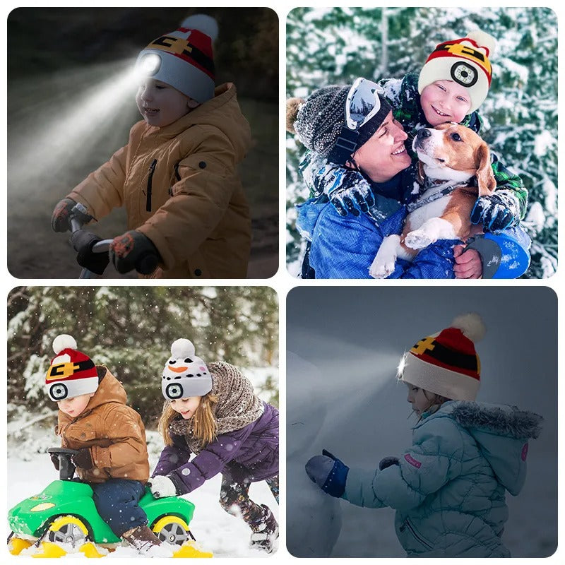 LED Flashlight Beanie Hats for Kids - Rechargeable Washable LED Head Lamp Hat - Winter Warm Caps with Hands-Free Lights for Outdoor Use - Delicate Leather