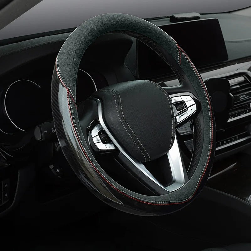 Carbon Fiber Steering Wheel Cover – Universal Fit, Non-Slip, Breathable Grip - Delicate Leather