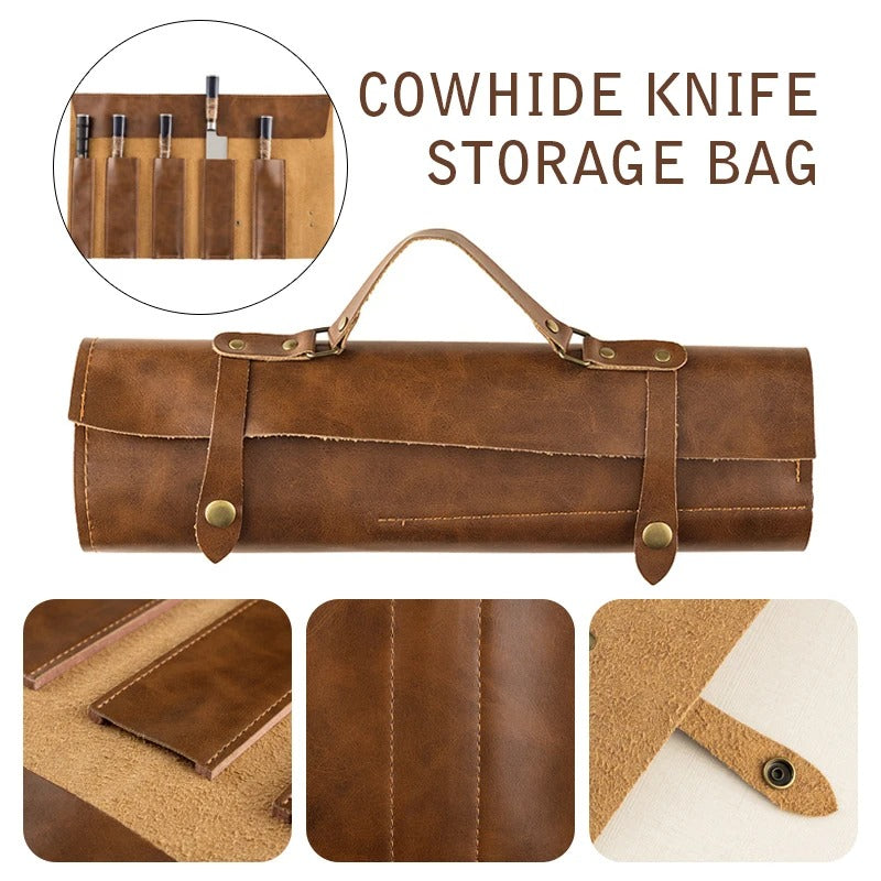 Portable Two-Layer Cowhide Chef Knife Roll Bag - Waterproof Leather Knife Storage Case with Handle - Delicate Leather