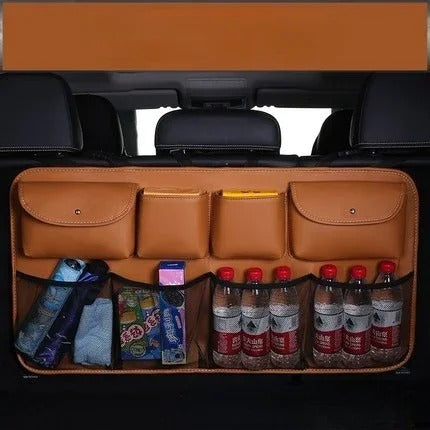 PU Leather Car Rear Seat Back Storage Bag – Foldable Trunk Organizer for Universal Use - Delicate Leather