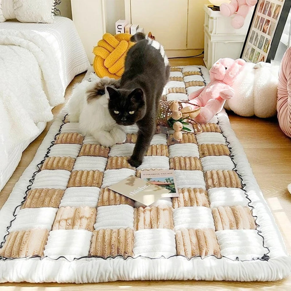 Washable Dog Bed Mat & Cat Scratchable Blanket - Anti-Slip Sofa Couch Protector for Large Dogs - Coral Fleece, Plaid